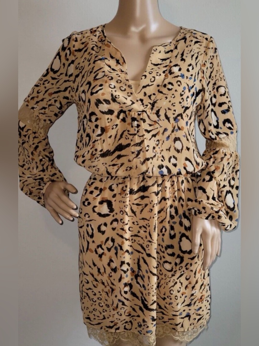 WHBM Womens Leopard Sheer Lined Lace Trim Blouson Dress 4 (AZA